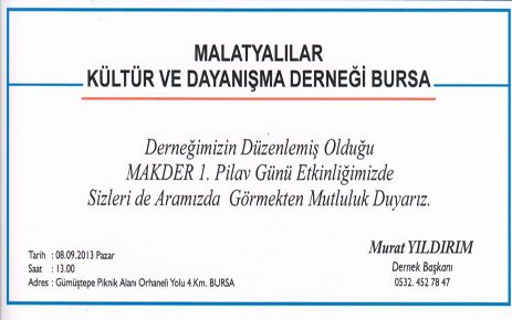 BURSA MALATYALILAR DERNEĞİ ETKİNLİĞİNE DAVET 